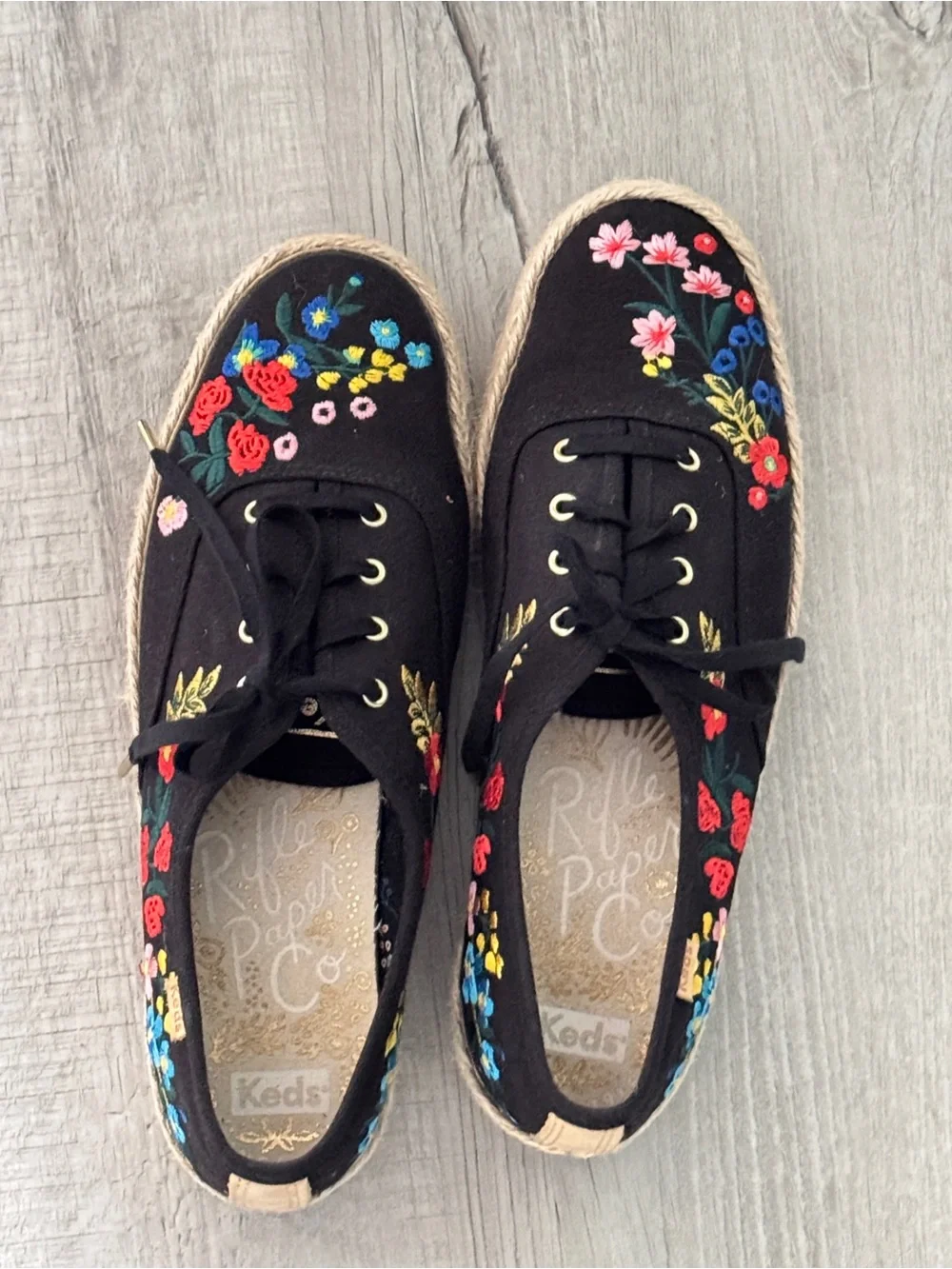 Keds Rifle Paper Black Embroidered Floral Espadrille Platform Sneaker Womens 9